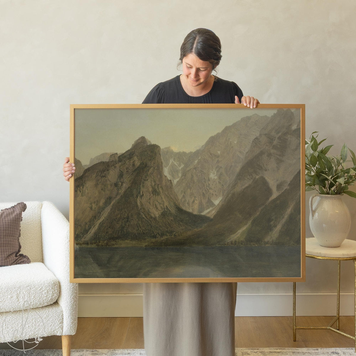 Mountain Landscape Wall Art | Framed Canvas Print | Lake Scene Vintage Art | Living Room Nature Decor | Earth Tone Home Art | N70