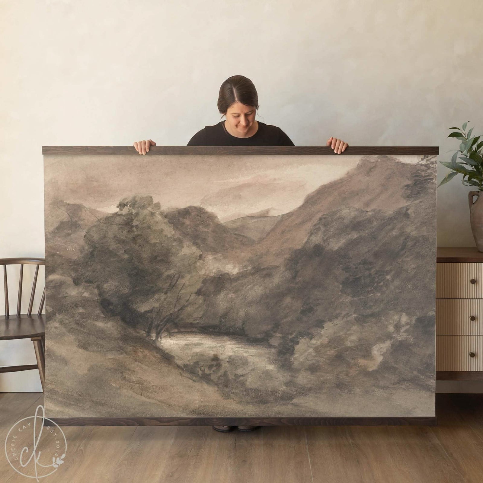 Large vintage art canvas tapestry showcasing a moody mountain landscape.