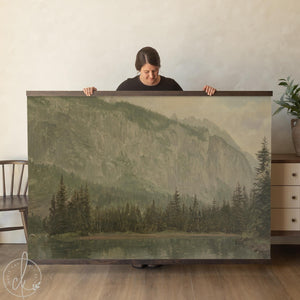 Large canvas tapestry featuring mountain landscape painting with misty peaks, pine forest, and serene lake reflection in vintage earth tones