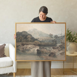 Vintage Landscape Painting | Large Wall Art with River and Mountains | Framed Canvas Art | Living Room Decor | Antique Nature Print | N44