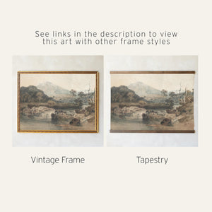 Vintage Landscape Painting | Large Wall Art with River and Mountains | Framed Canvas Art | Living Room Decor | Antique Nature Print | N44