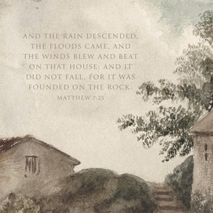 Christian Wall Art Matthew 7:25 | Vintage Cottage Painting | Founded on the Rock Scripture | Large Canvas Art | Living Room Decor | N79