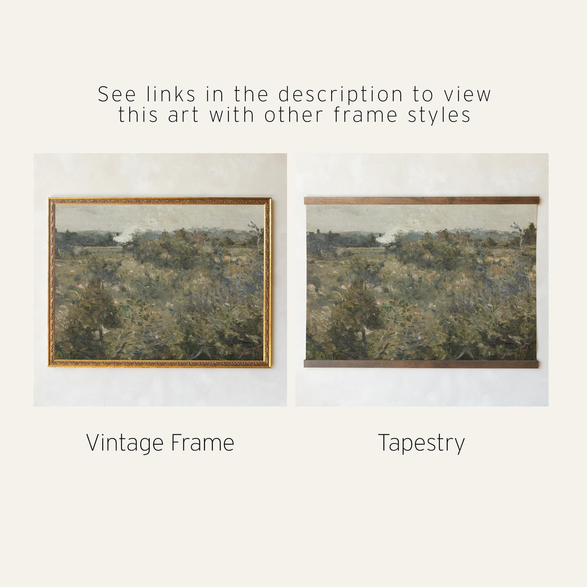 Landscape Wall Art with Natural Wood Frame | Neutral Farmhouse Canvas Print | Abstract Green Countryside Painting | Living Room Decor | N64