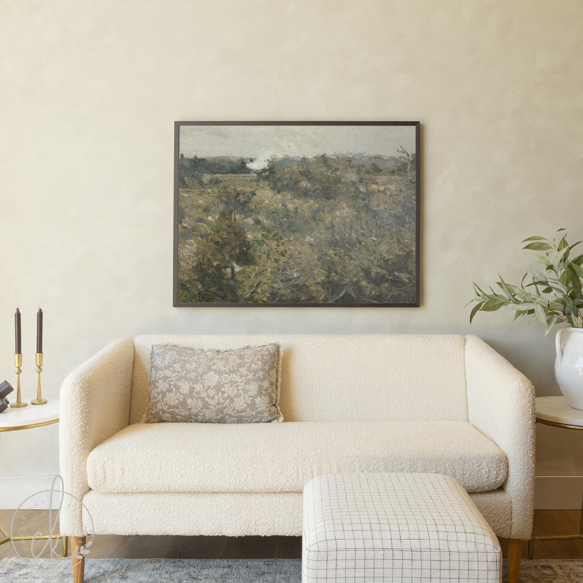 Large framed landscape canvas art featuring rolling green countryside fields, perfect for living room wall decor