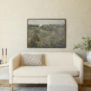 Large framed landscape canvas art featuring rolling green countryside fields, perfect for living room wall decor