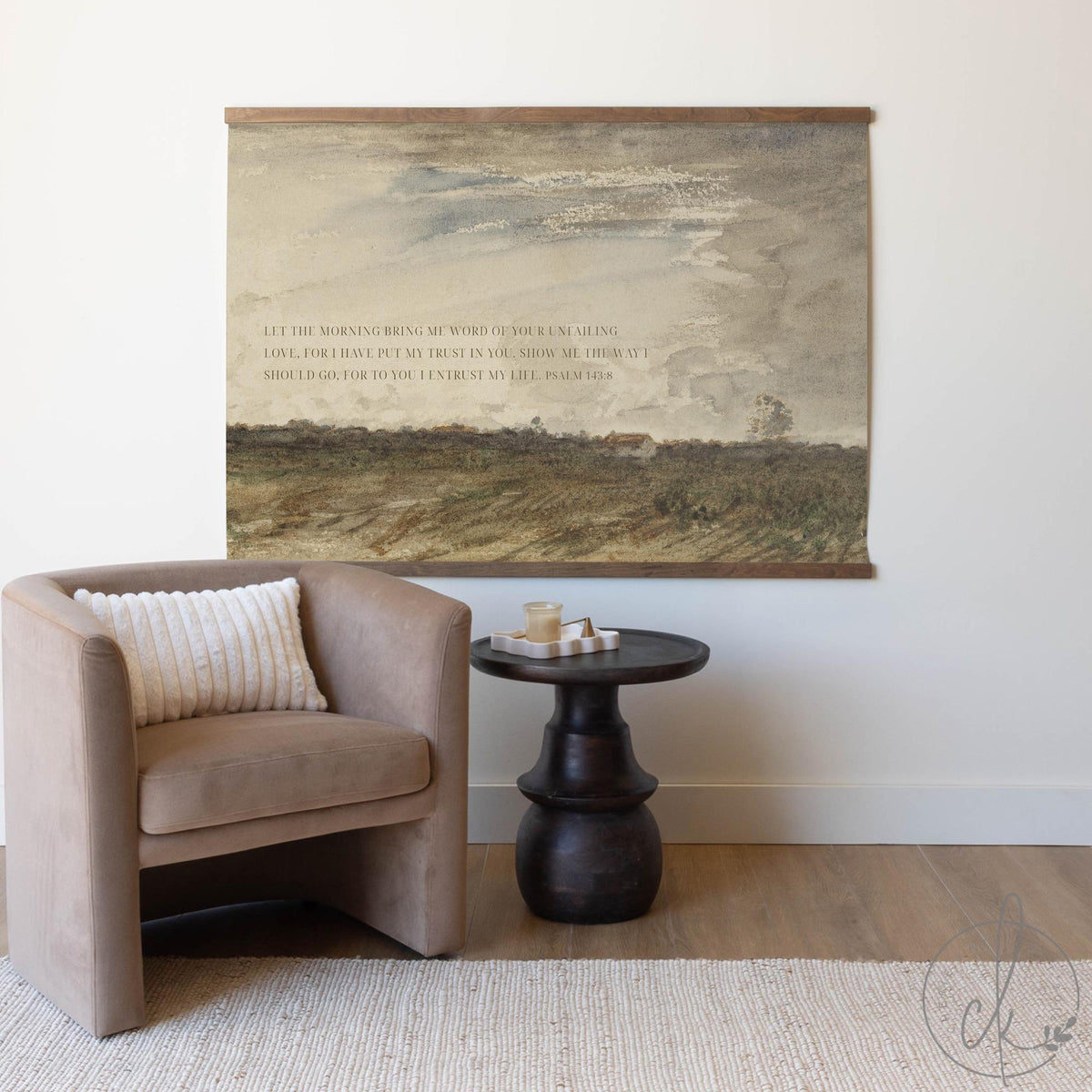 Scripture wall art featuring Psalm 143:8 over vintage landscape with muted earth tones and cloudy sky