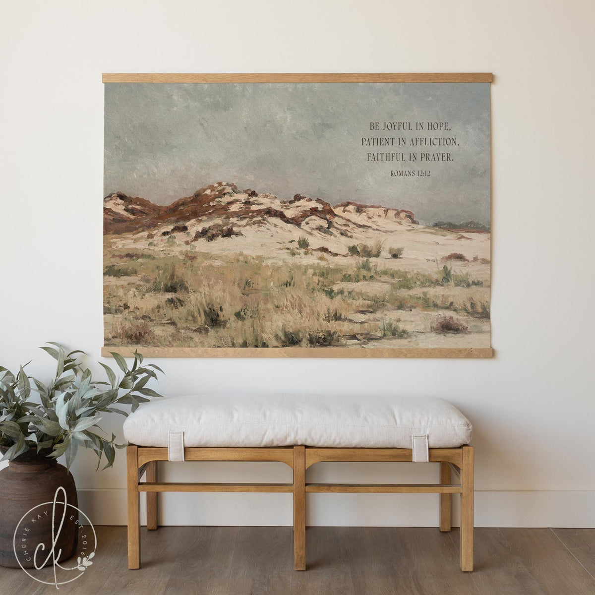 Bible verse wall art romans 12:12 patient in affliction faithful in prayer christian landscape canvas desert mountains