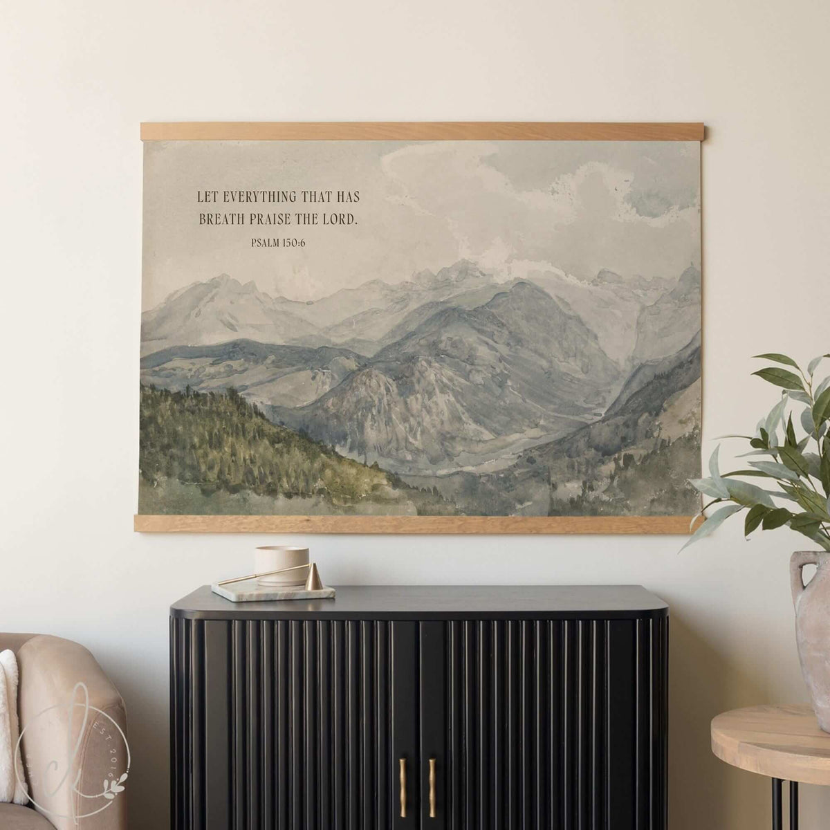 Modern Christian Art | Large Mountain Landscape Canvas Wall Banner | Psalm 150:6 Bible Verse Tapestry | Religious Home Decor | T73