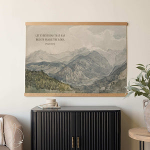 Modern Christian Art | Large Mountain Landscape Canvas Wall Banner | Psalm 150:6 Bible Verse Tapestry | Religious Home Decor | T73
