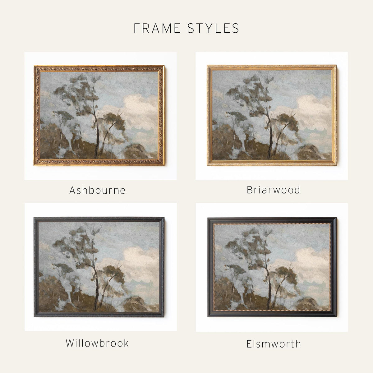 Framed Landscape Art | Vintage Tree Painting in Ornate Gold Frame | Large Canvas Wall Art | N76