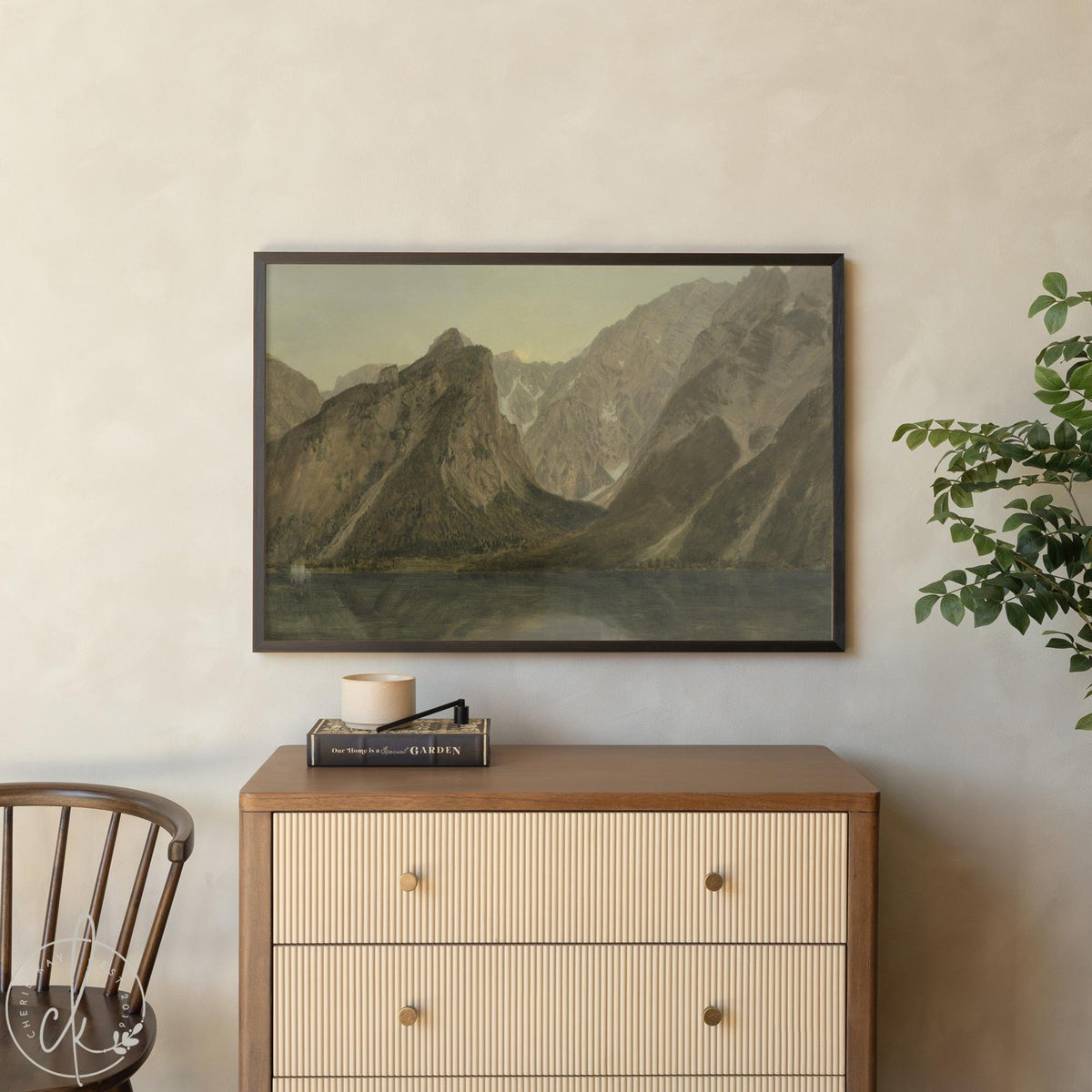 Vintage mountain landscape art with earth tones in black frame, perfect for living room or bedroom wall decor
