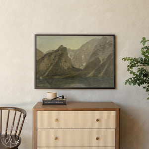 Vintage mountain landscape art with earth tones in black frame, perfect for living room or bedroom wall decor