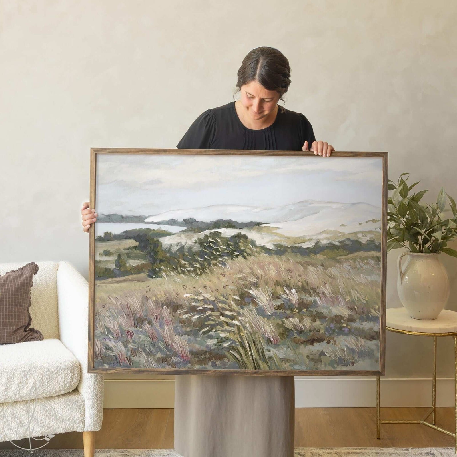 Abstract Watercolor Landscape Meadow Painting | Framed Canvas Art | Neutral Wall Art | Large Living Room Decor | N225