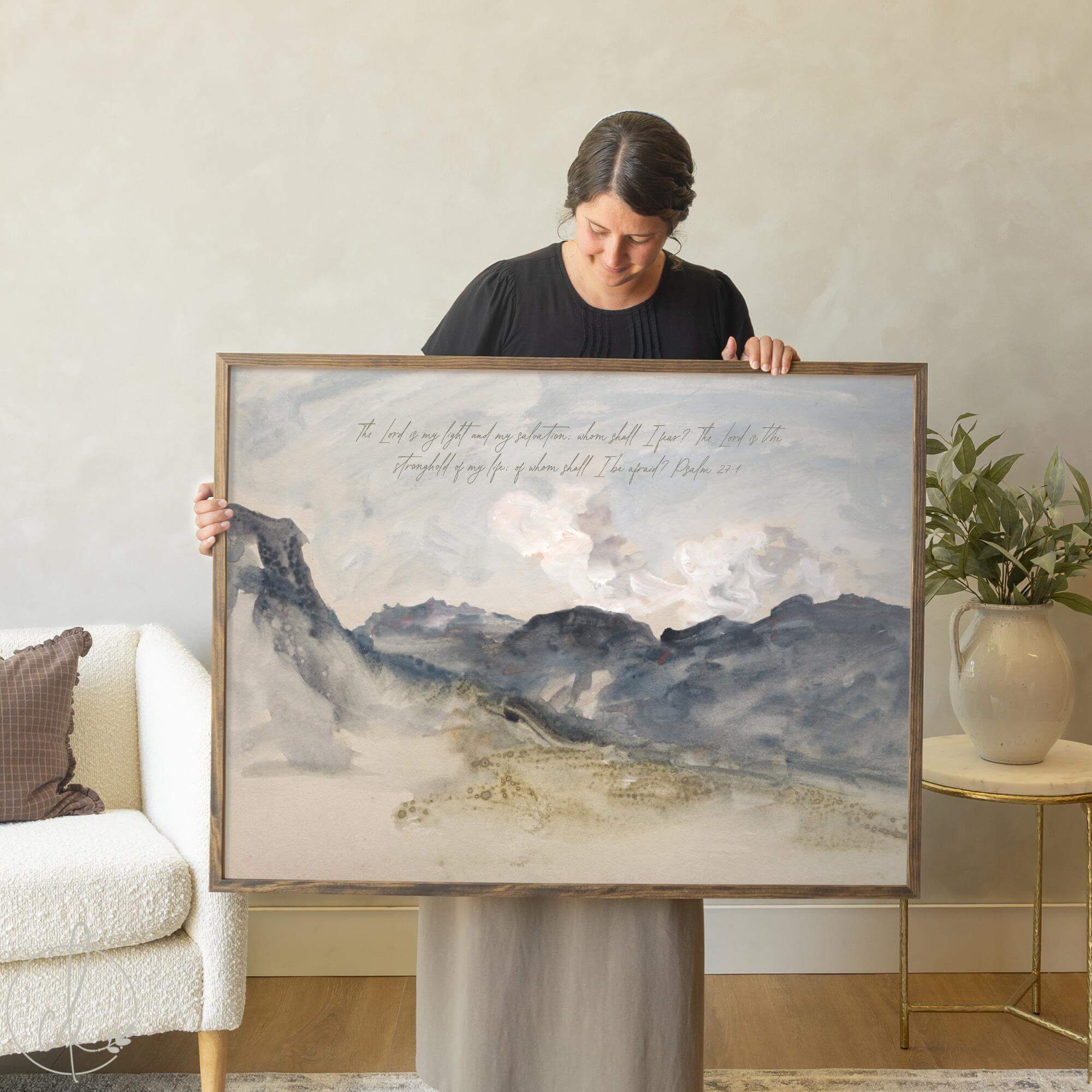 Handcrafted framed canvas print with Psalm 27:1 over muted mountain watercolor; inspirational Christian home decor wall art.