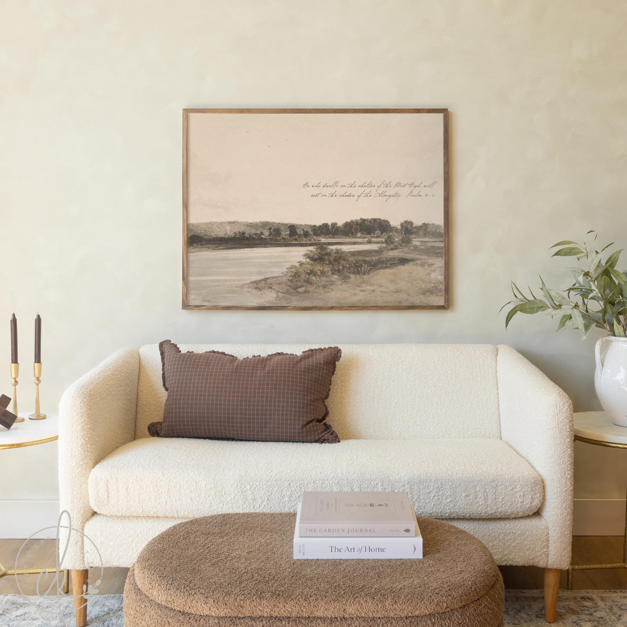 Framed canvas print of a sepia riverside landscape with Psalm 91:1 verse; handcrafted Christian artwork wall decor.