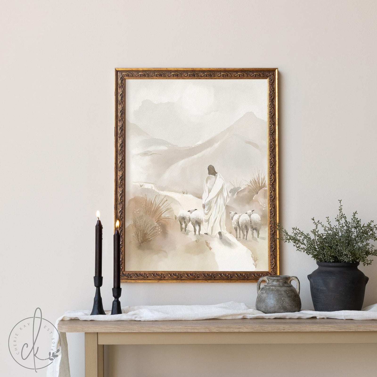 Framed Jesus painting wall decor showing Christ walking with sheep, ideal for Christian homes.