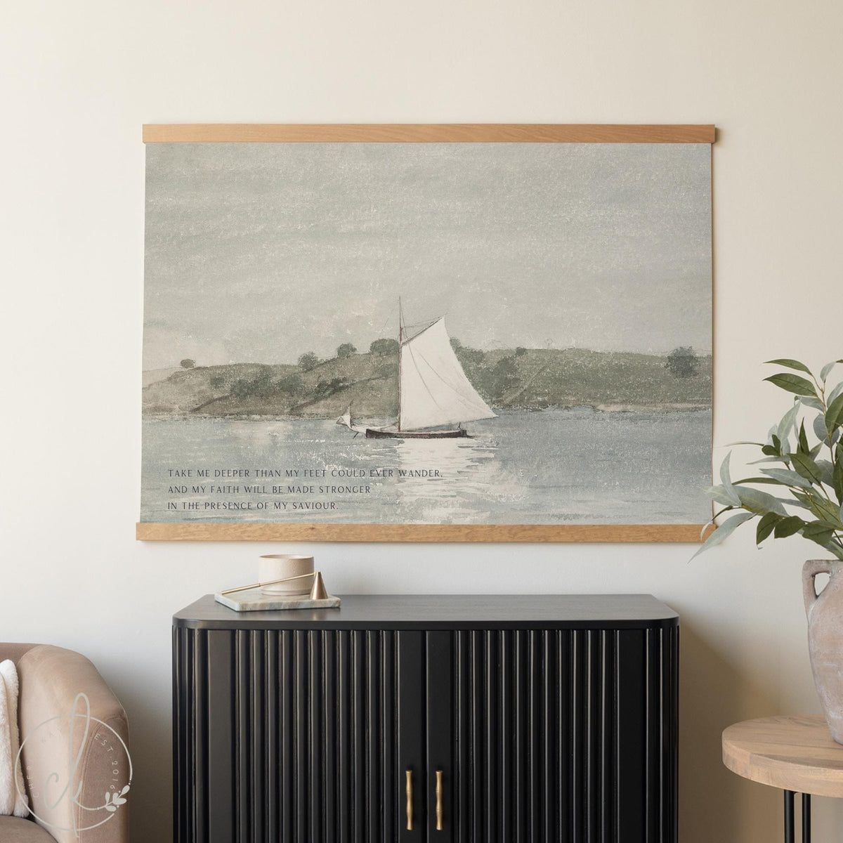 Canvas Wall Art Ocean Sailboat | Coastal Decor Nautical Print | Inspirational Faith Wall Decor | Sage Green Watercolor Art | T75