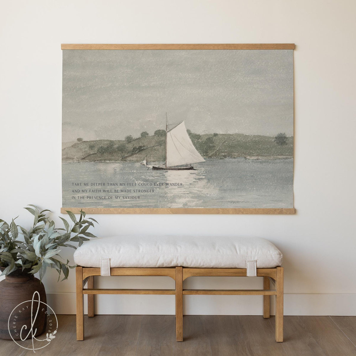 Canvas wall art featuring ocean sailboat watercolor painting with inspirational Oceans lyrics in sage green coastal style