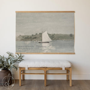Canvas wall art featuring ocean sailboat watercolor painting with inspirational Oceans lyrics in sage green coastal style