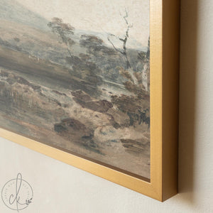 Vintage Landscape Painting | Large Wall Art with River and Mountains | Framed Canvas Art | Living Room Decor | Antique Nature Print | N44