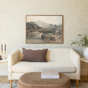 Vintage Landscape Painting | Large Wall Art with River and Mountains | Framed Canvas Art | Living Room Decor | Antique Nature Print | N44