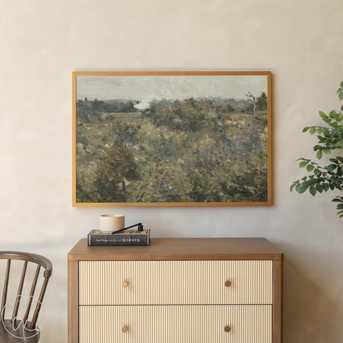 Landscape Wall Art with Natural Wood Frame | Neutral Farmhouse Canvas Print | Abstract Green Countryside Painting | Living Room Decor | N64