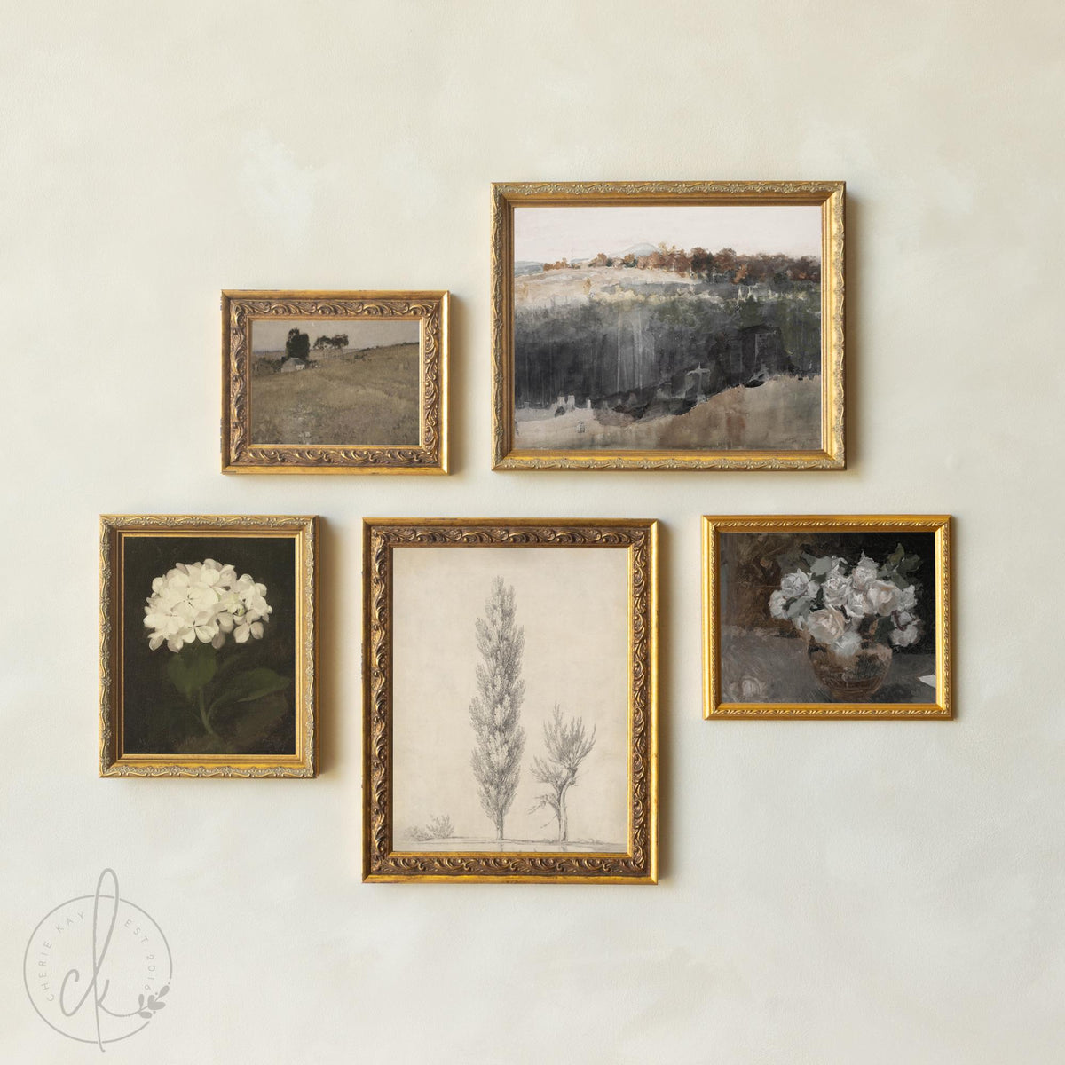 Antique Style Wall Art | Gold Framed Gallery Wall Set | Floral and Landscape Home Decor | G40