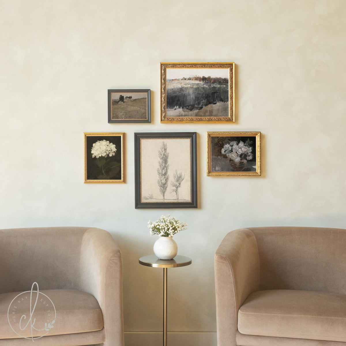 Antique style wall art with gold framed floral and landscape prints for living room or entryway.