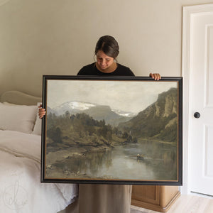 Large Vintage Wall Art | Framed Landscape Painting with Gold Frame | Classic Mountain River Scene | Wall Art for Living Room Decor | N90