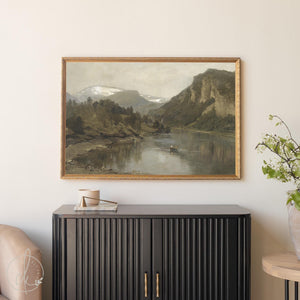 Large Vintage Wall Art | Framed Landscape Painting with Gold Frame | Classic Mountain River Scene | Wall Art for Living Room Decor | N90