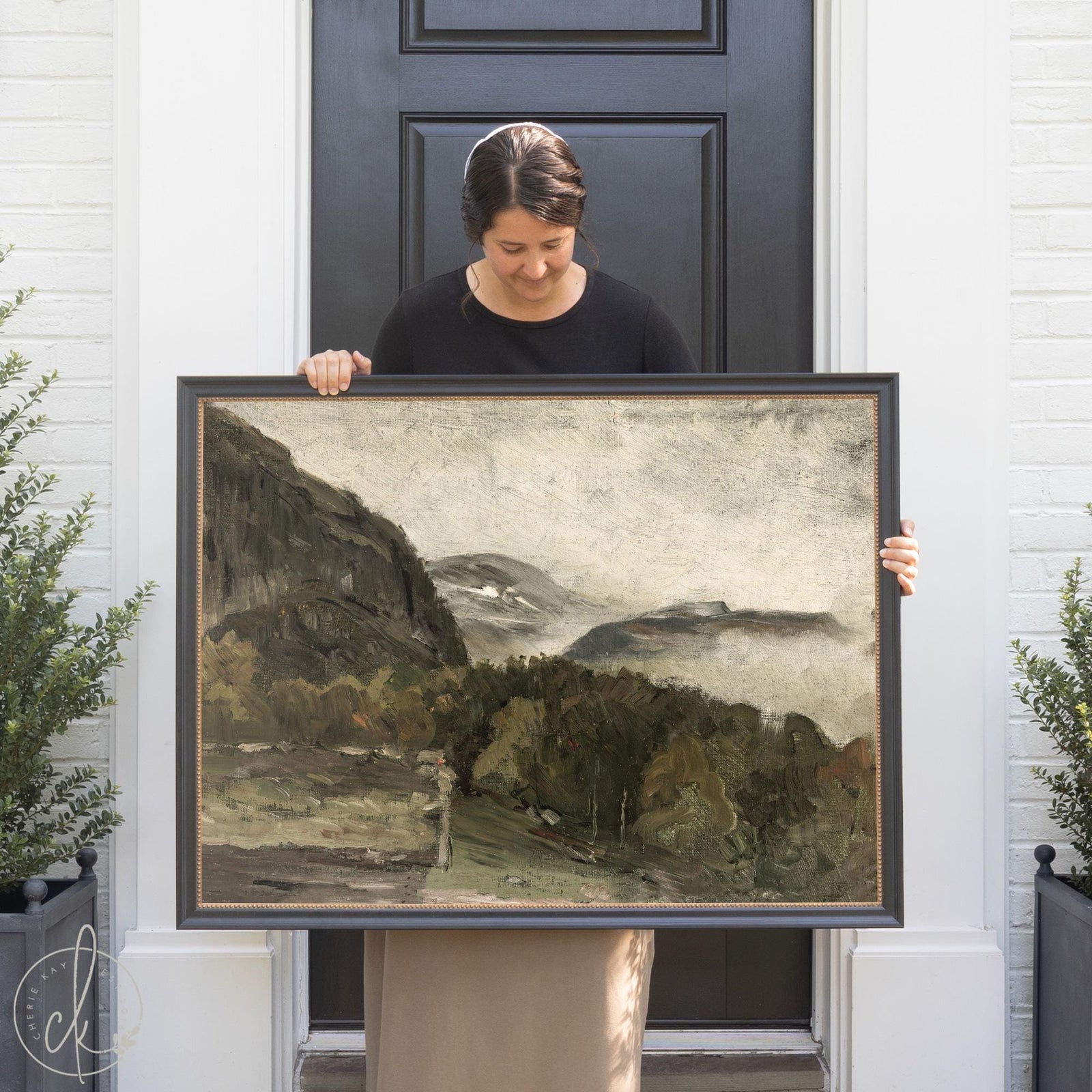Framed mountain landscape painting with vintage style for living room or entryway wall decor