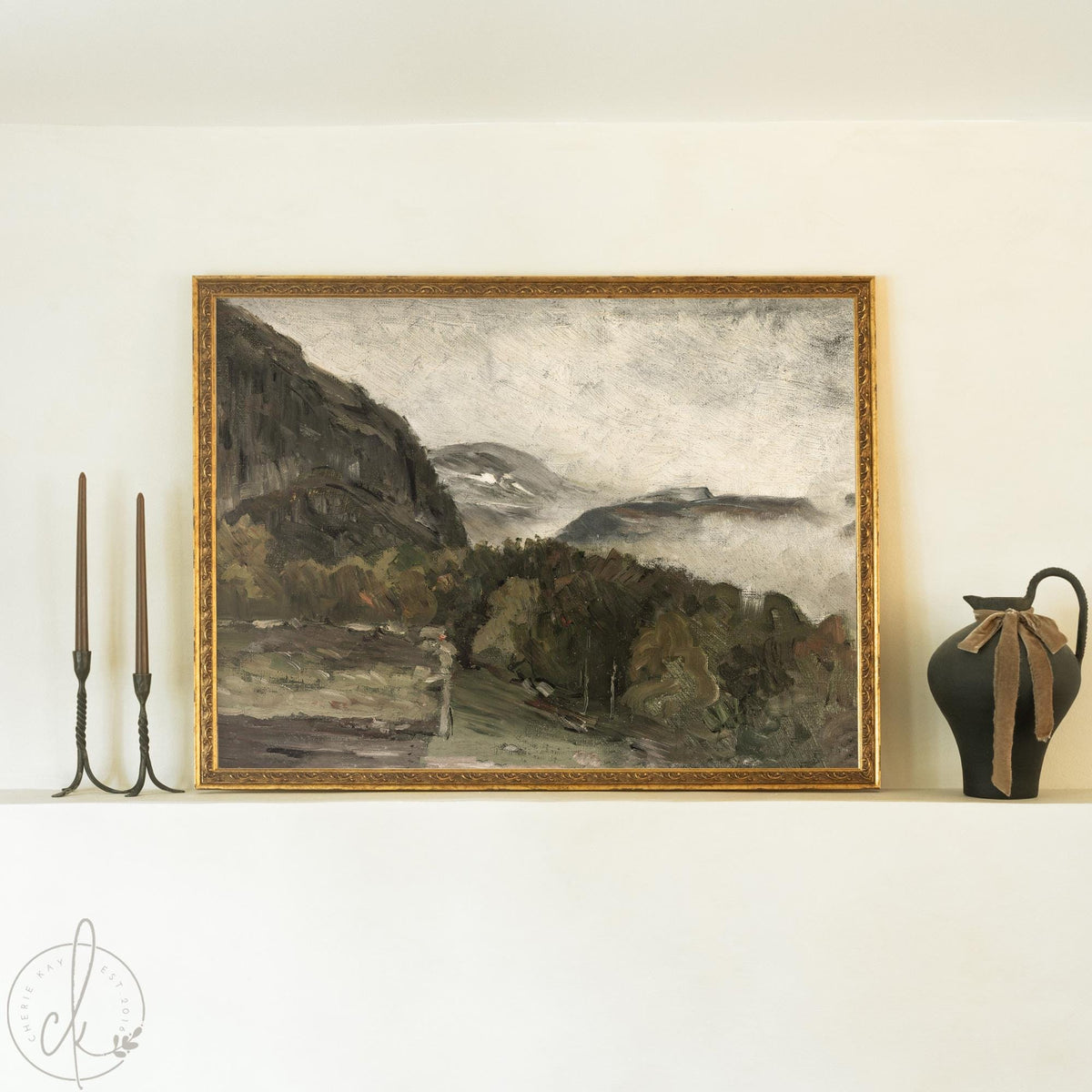 Mountain Landscape Painting | Large Framed Landscape Art | Vintage Mountain Wall Decor | Entryway &amp; Living Room Wall Art | N91