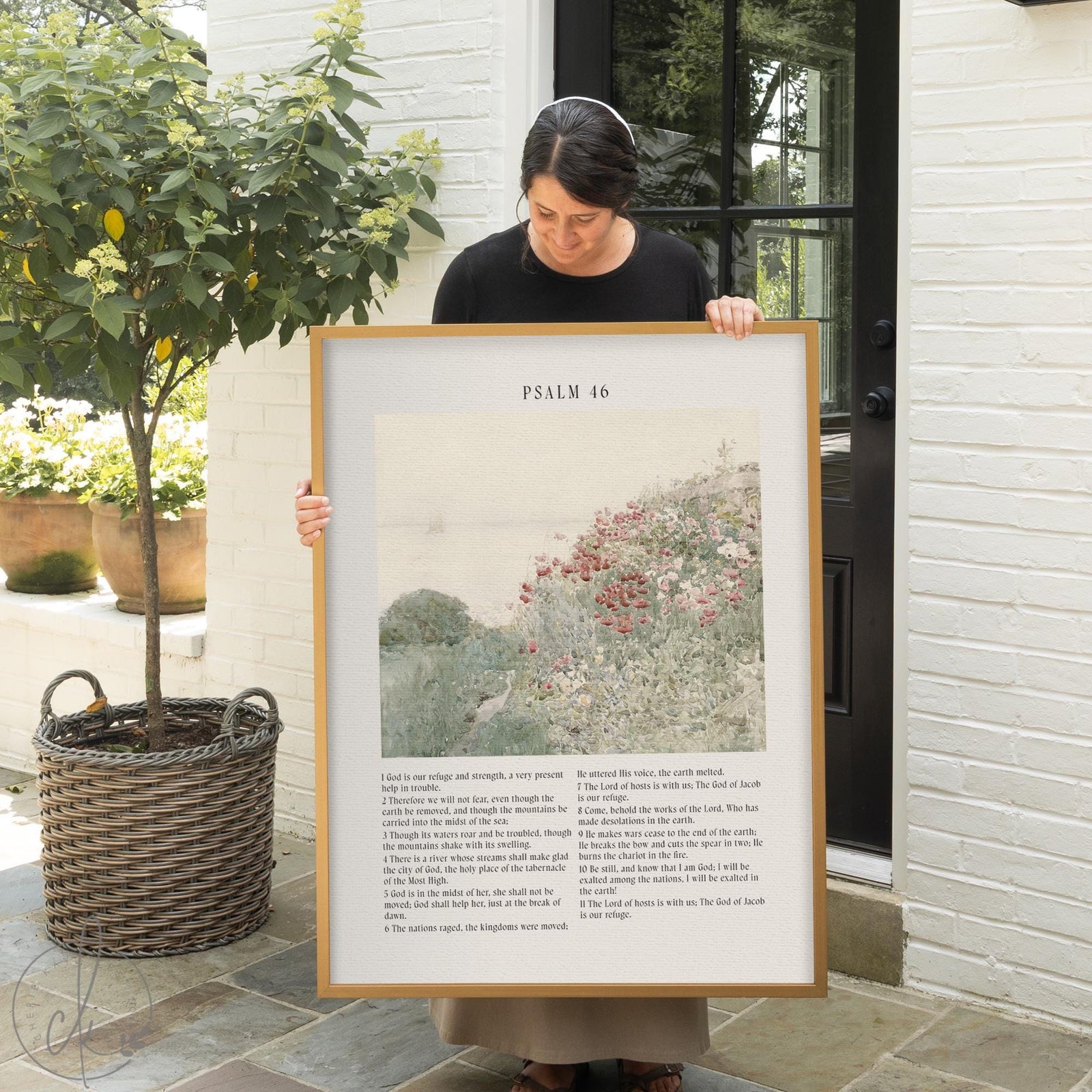 Framed Childe Hassam landscape with Psalms 46 artwork in gold frame