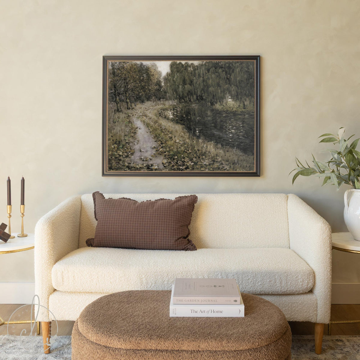 Framed Landscape Painting | Vintage Gold Frame Wall Art | Nature River Scene Wall Decor | N221