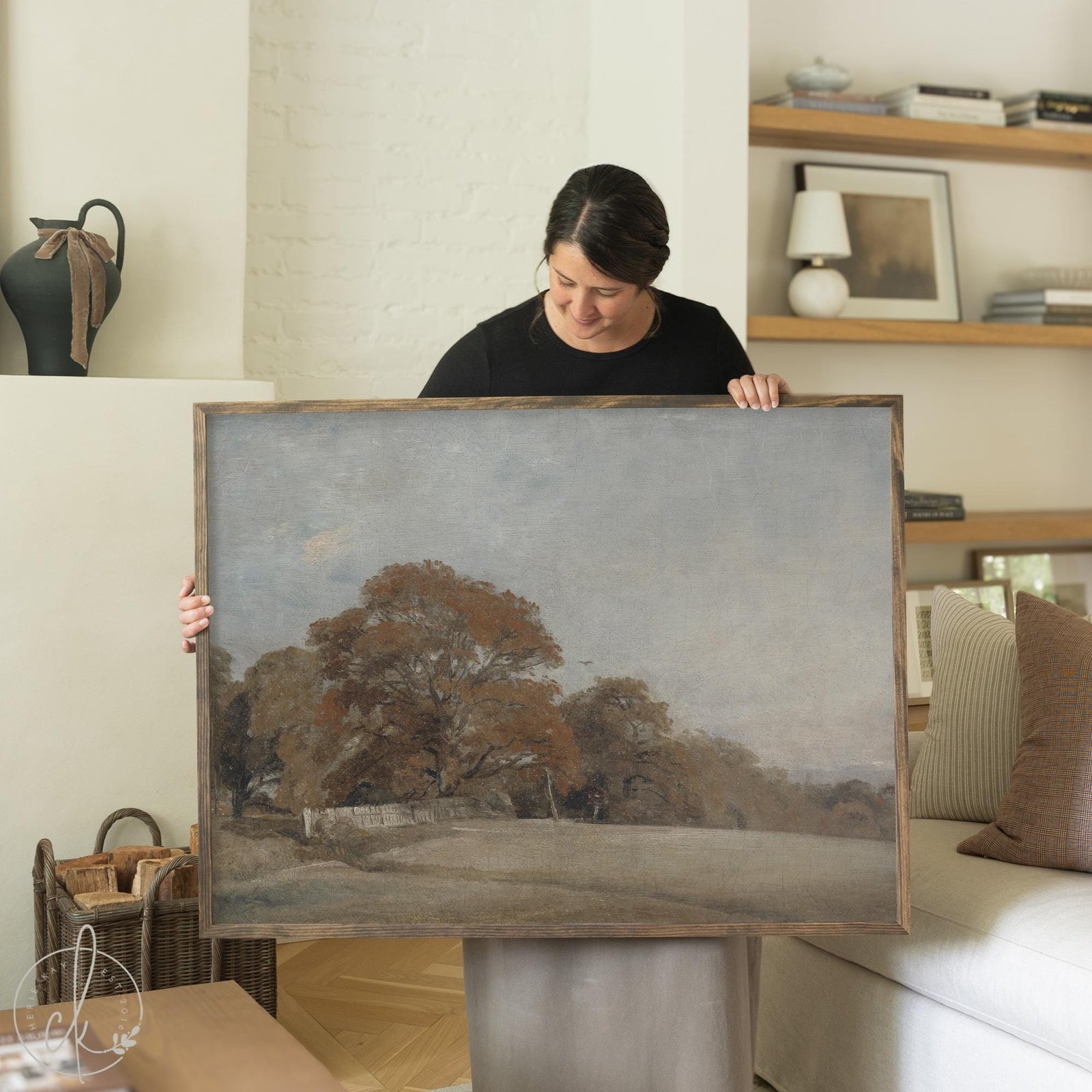 Autumn landscape painting with natural wood frame featuring fall countryside scene, ideal for wall decor in living room or dining room.