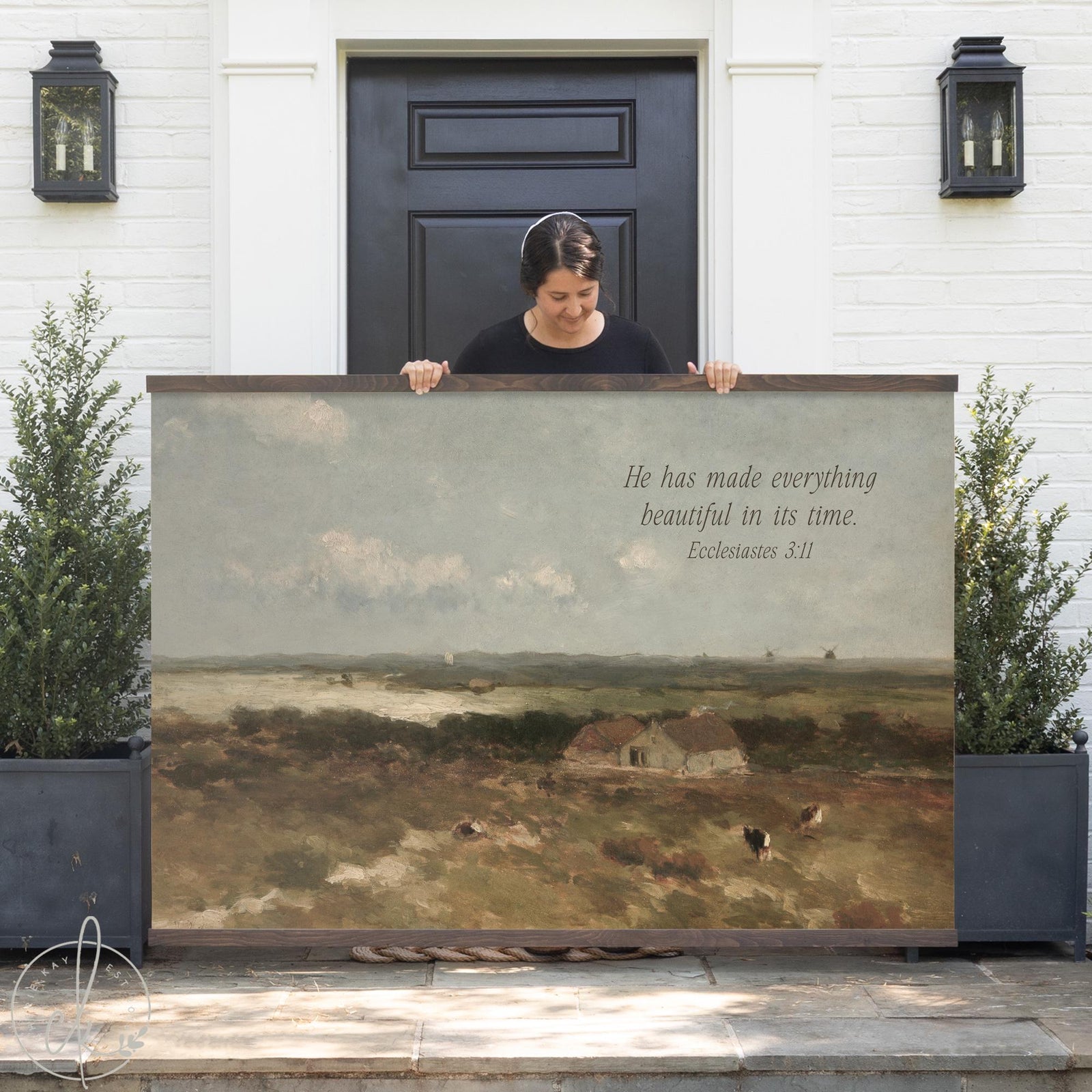 Bible verse wall art canvas tapestry with vintage countryside landscape painting and Ecclesiastes 3:11 scripture