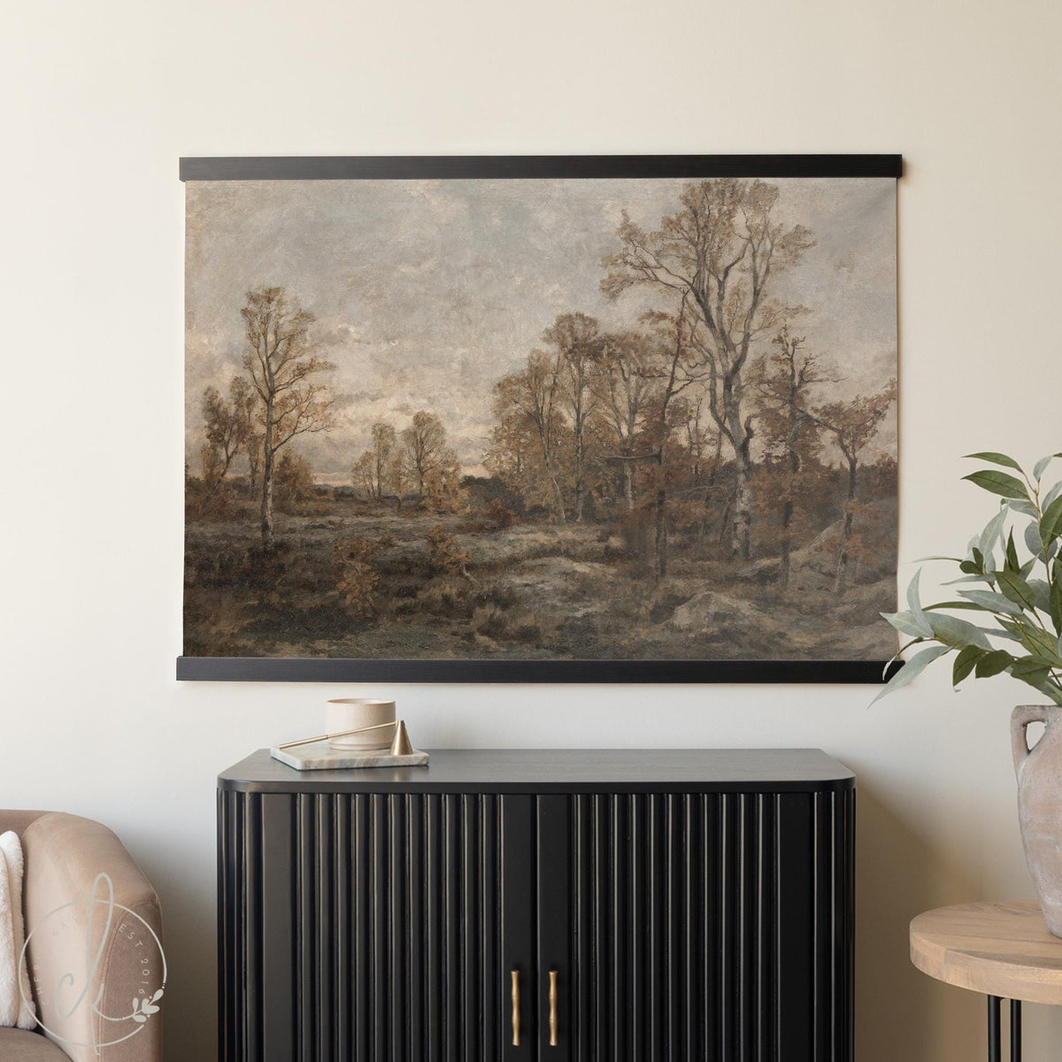 Large autumn landscape wall art tapestry with fall trees and vintage muted tones