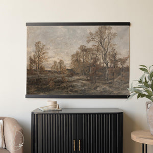 Large autumn landscape wall art tapestry with fall trees and vintage muted tones