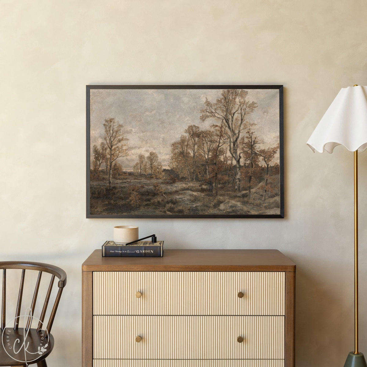 Vintage autumn painting with wood frame, autumn landscape on canvas wall art for living room