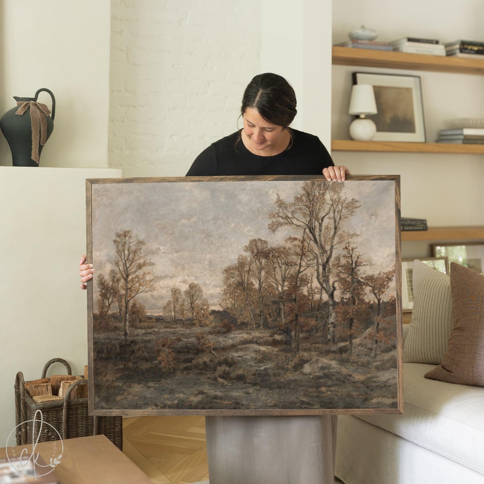 Vintage autumn painting with wood frame, autumn landscape on canvas wall art for living room