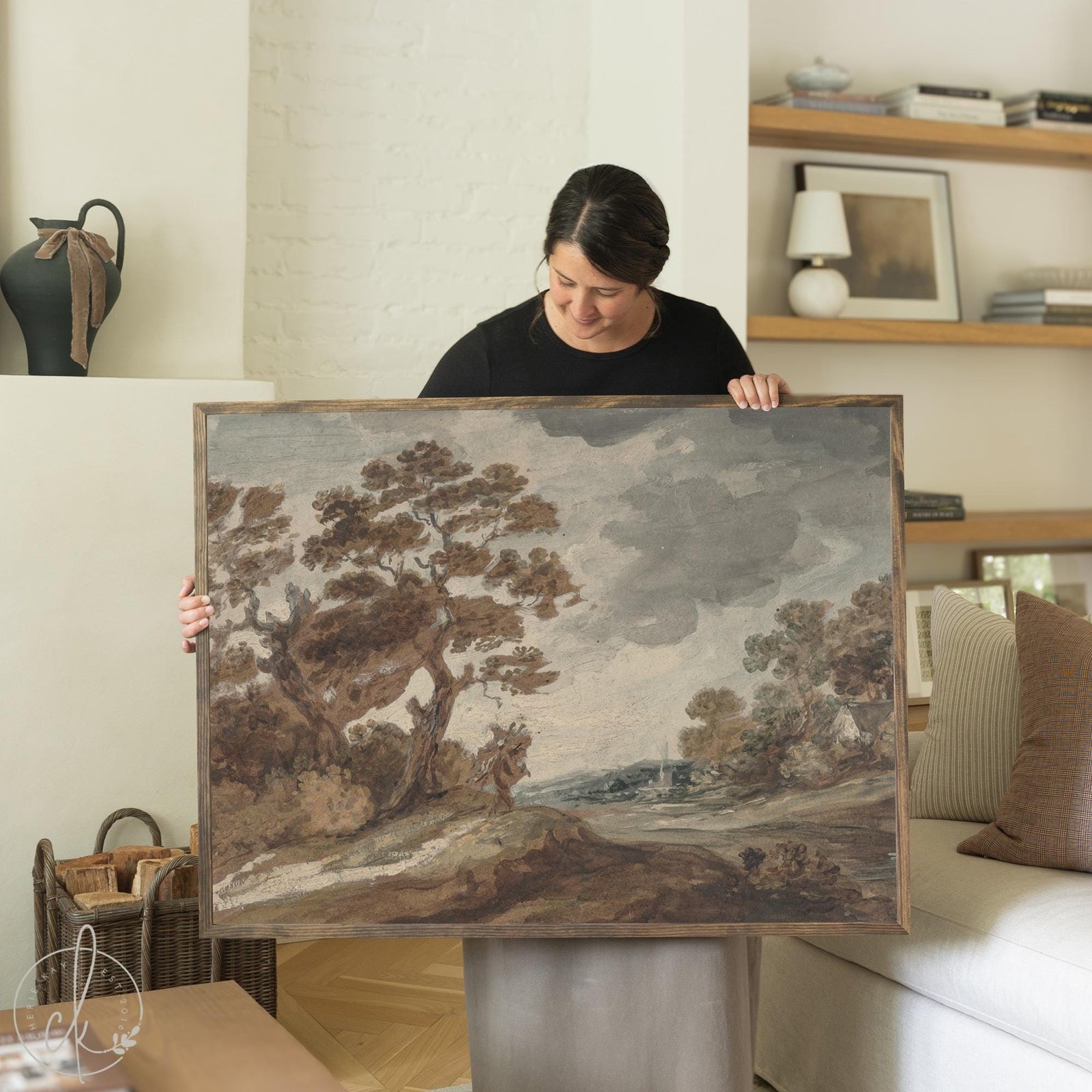 Autumn landscape painting by Gainsborough Dupont in natural wood frame, depicting fall countryside scene for living room wall decor.