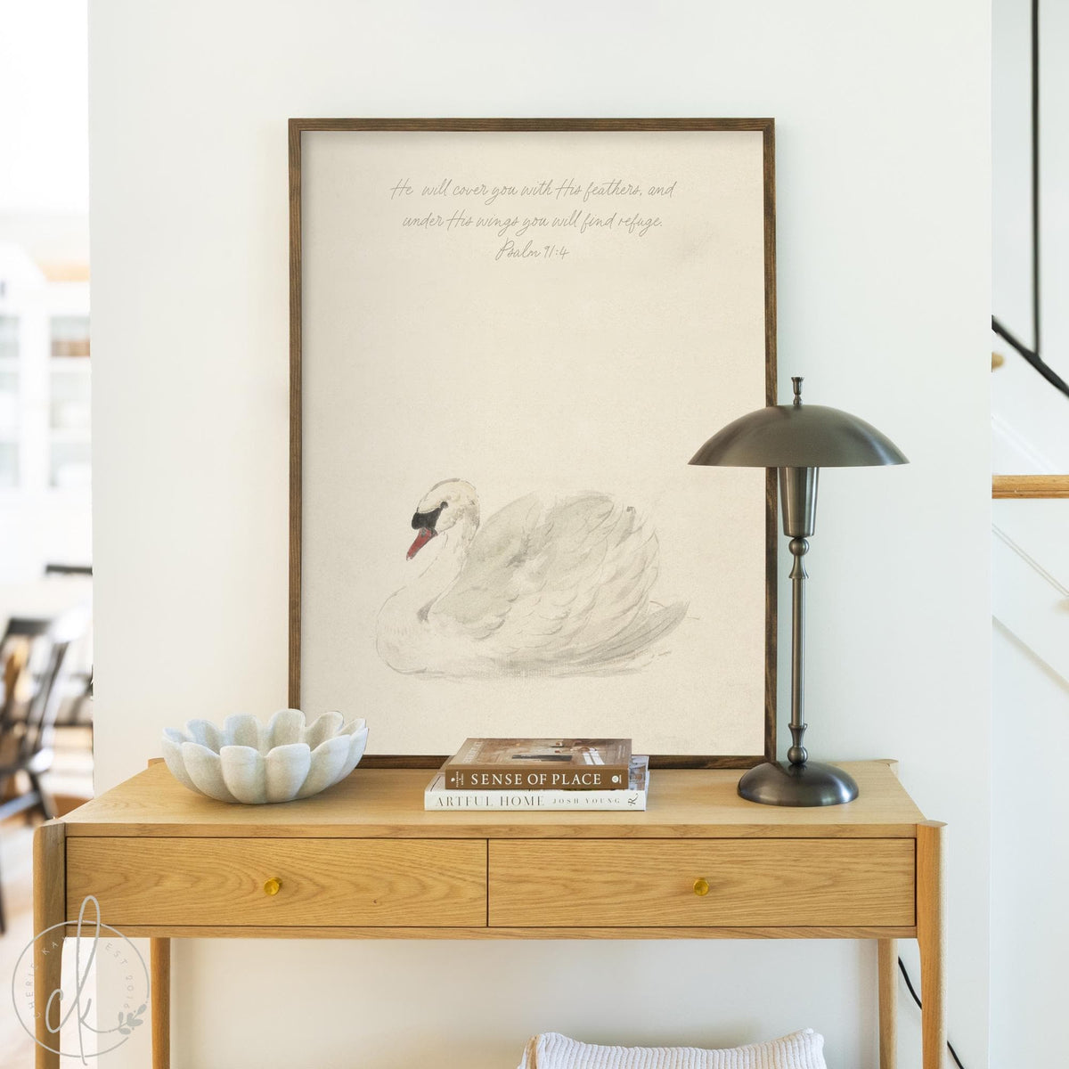 Swan Wall Art | Christian Wall Art with Psalm 91:4 | Large Framed Wall Art for Living Room | Neutral Nature Wall Decor | N209
