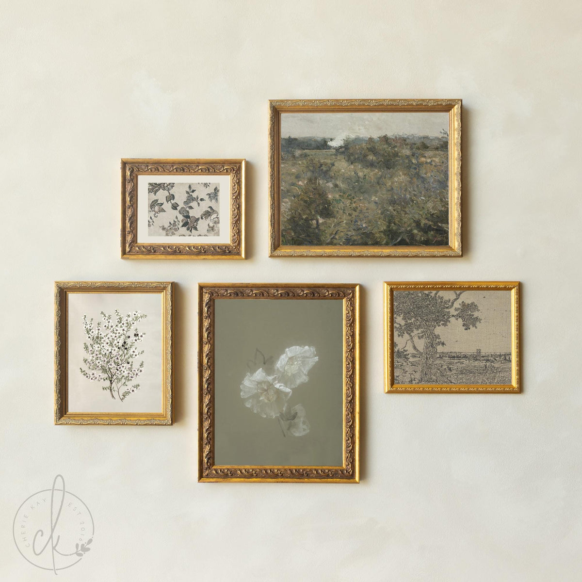 Gallery wall frame set with vintage botanical and landscape art in gold frames