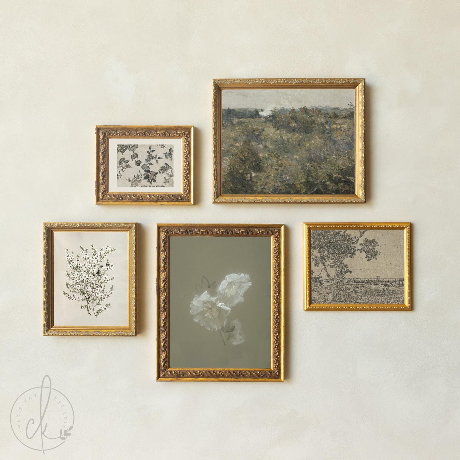 Gallery wall frame set with vintage botanical and landscape art in gold frames