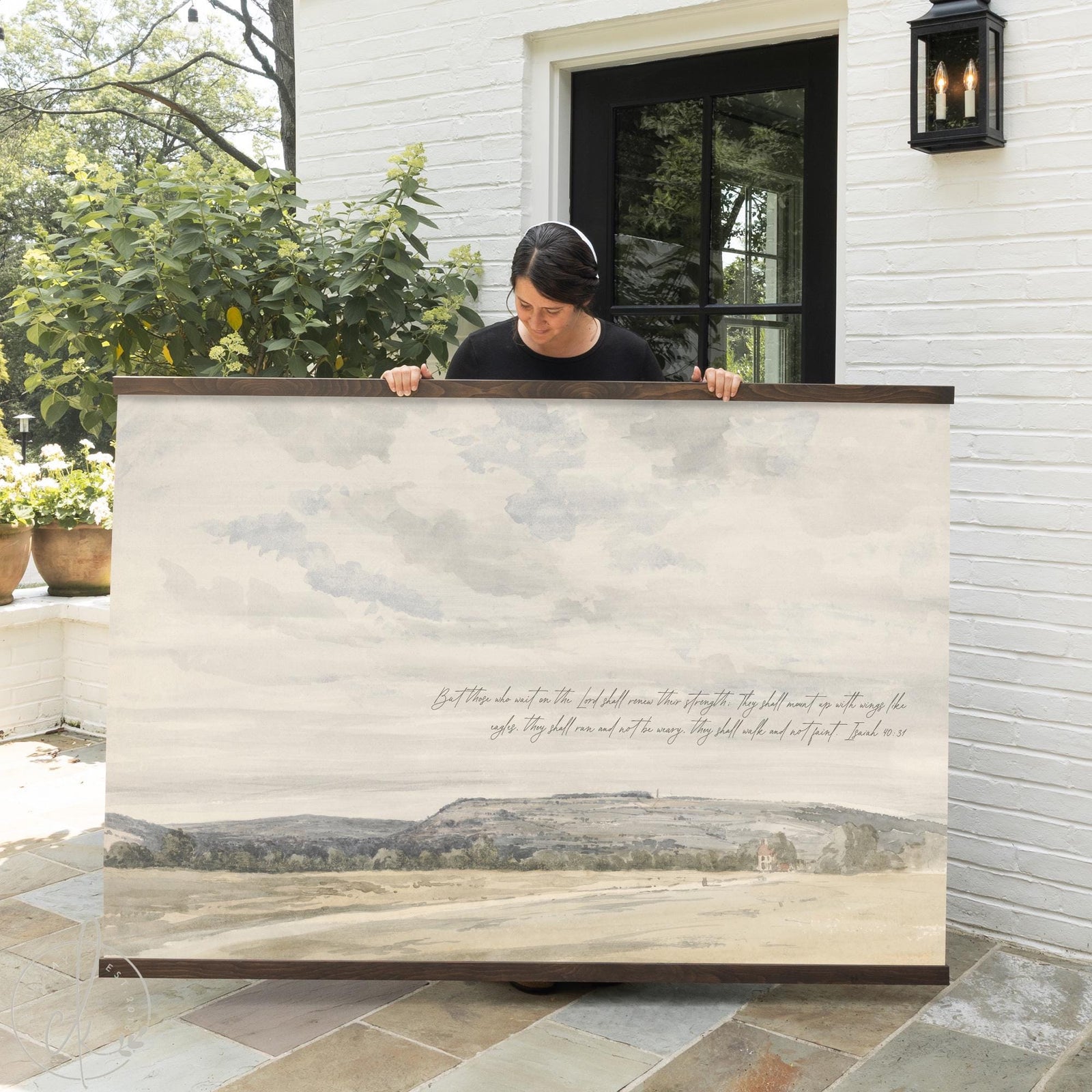 Watercolor distant mountain scene with Isaiah 40:31 scripture in modern Christian art style on large wall tapestry.