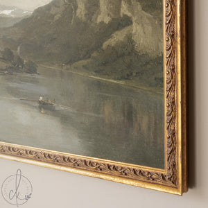 Large Vintage Wall Art | Framed Landscape Painting with Gold Frame | Classic Mountain River Scene | Wall Art for Living Room Decor | N90