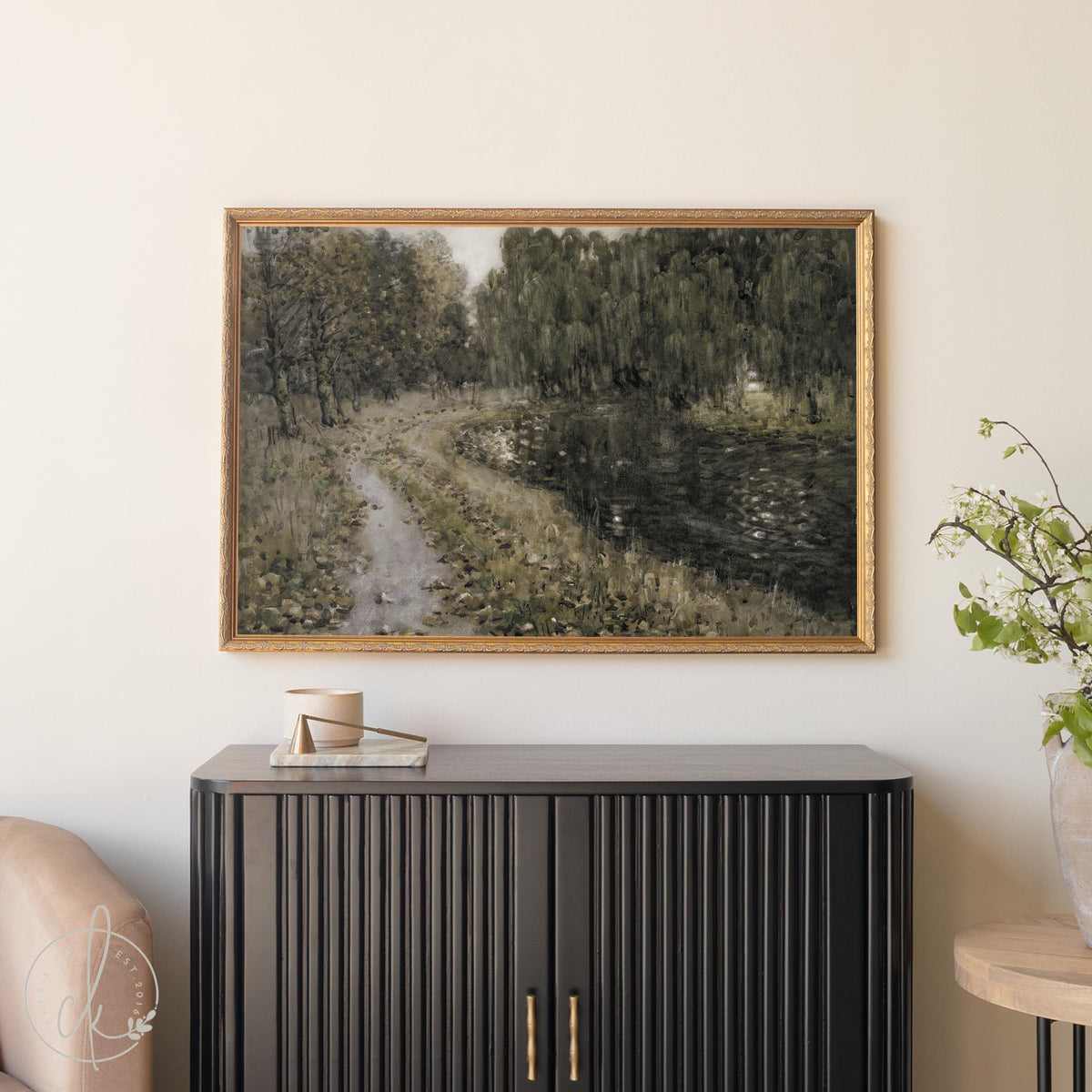 Framed Landscape Painting | Vintage Gold Frame Wall Art | Nature River Scene Wall Decor | N221