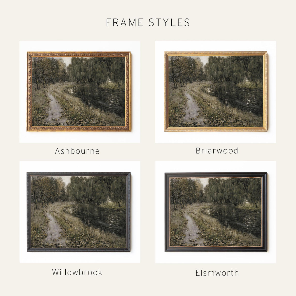 Framed Landscape Painting | Vintage Gold Frame Wall Art | Nature River Scene Wall Decor | N221