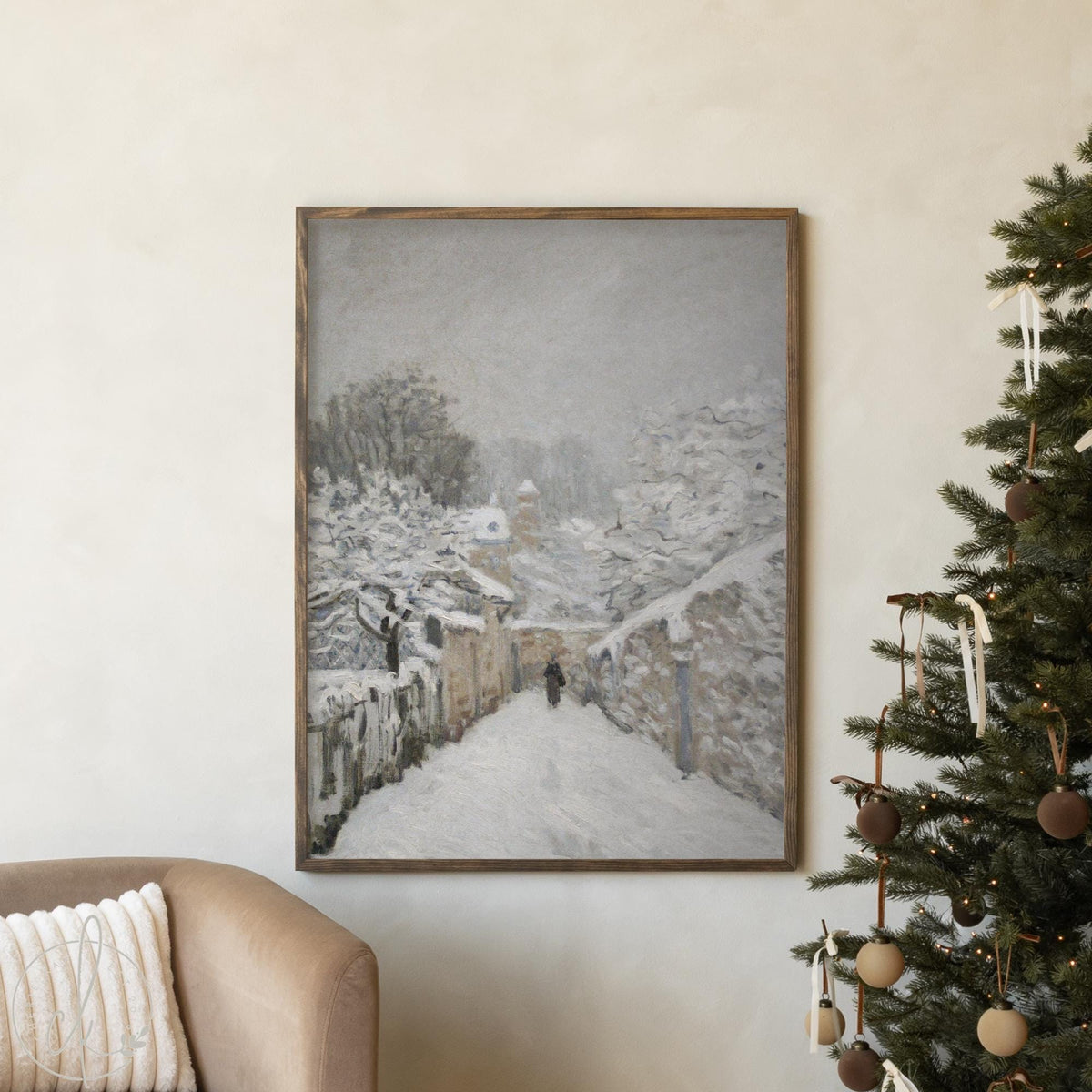 Winter Wall Art | Large Framed Canvas Wall Hanging | Christmas Wall Decor | Gold Frame Landscape Painting | Extra Large Wall Decor | N43
