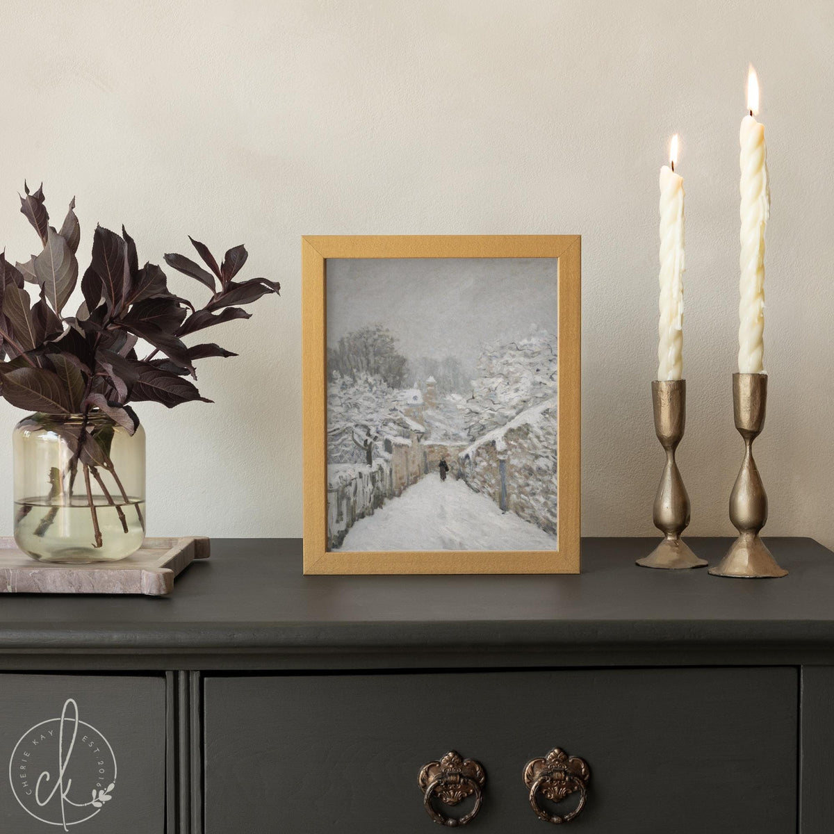 Winter Wall Art | Large Framed Canvas Wall Hanging | Christmas Wall Decor | Gold Frame Landscape Painting | Extra Large Wall Decor | N43